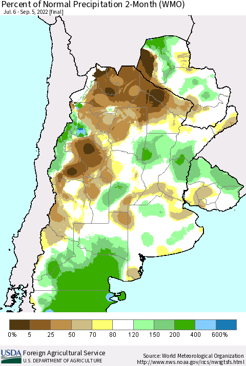 Southern South America Percent of Normal Precipitation 2-Month (WMO) Thematic Map For 7/6/2022 - 9/5/2022