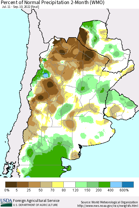 Southern South America Percent of Normal Precipitation 2-Month (WMO) Thematic Map For 7/11/2022 - 9/10/2022