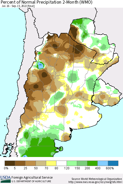 Southern South America Percent of Normal Precipitation 2-Month (WMO) Thematic Map For 7/16/2022 - 9/15/2022