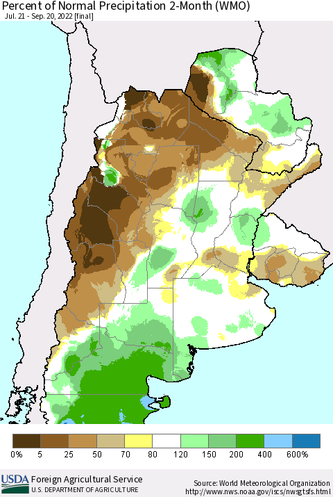 Southern South America Percent of Normal Precipitation 2-Month (WMO) Thematic Map For 7/21/2022 - 9/20/2022