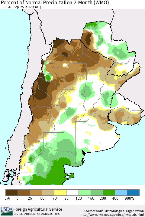 Southern South America Percent of Normal Precipitation 2-Month (WMO) Thematic Map For 7/26/2022 - 9/25/2022
