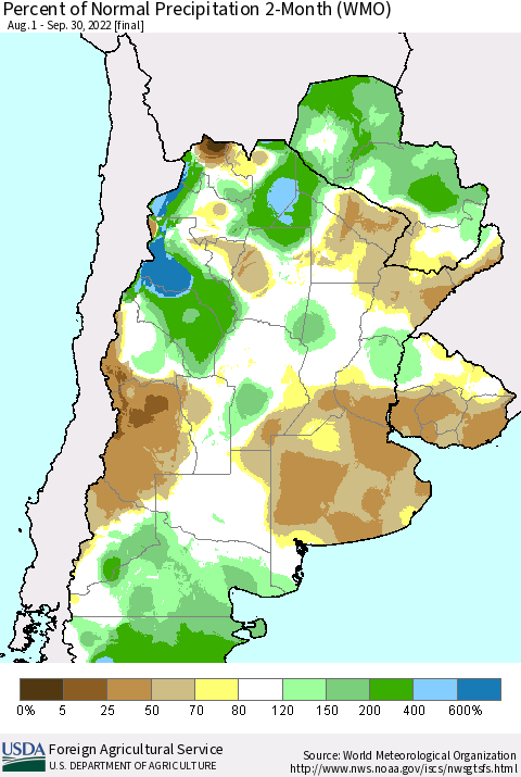 Southern South America Percent of Normal Precipitation 2-Month (WMO) Thematic Map For 8/1/2022 - 9/30/2022