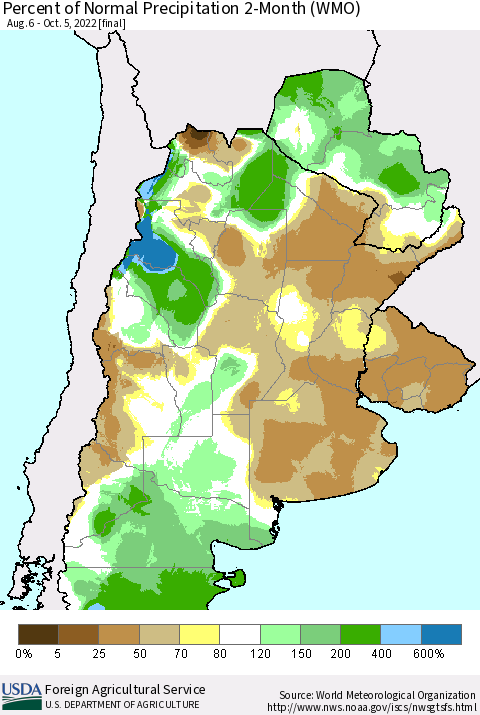 Southern South America Percent of Normal Precipitation 2-Month (WMO) Thematic Map For 8/6/2022 - 10/5/2022