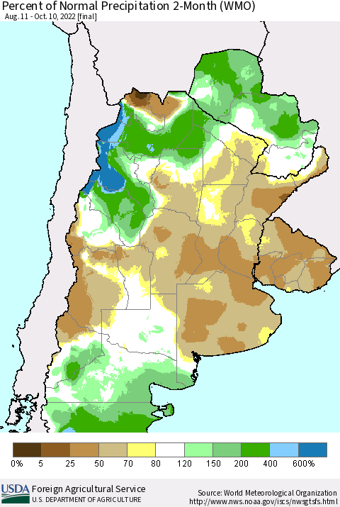 Southern South America Percent of Normal Precipitation 2-Month (WMO) Thematic Map For 8/11/2022 - 10/10/2022