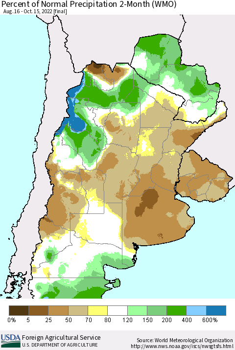 Southern South America Percent of Normal Precipitation 2-Month (WMO) Thematic Map For 8/16/2022 - 10/15/2022