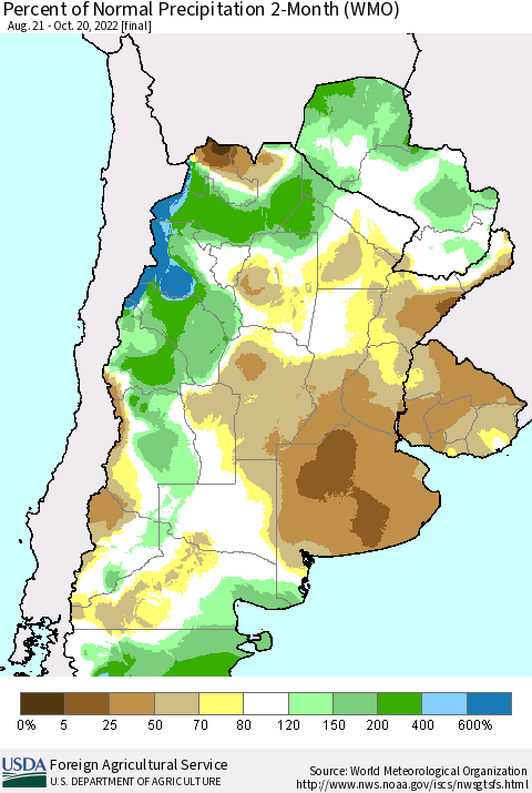 Southern South America Percent of Normal Precipitation 2-Month (WMO) Thematic Map For 8/21/2022 - 10/20/2022