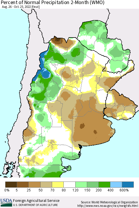 Southern South America Percent of Normal Precipitation 2-Month (WMO) Thematic Map For 8/26/2022 - 10/25/2022