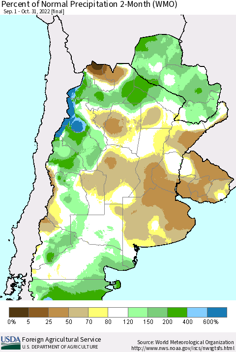 Southern South America Percent of Normal Precipitation 2-Month (WMO) Thematic Map For 9/1/2022 - 10/31/2022