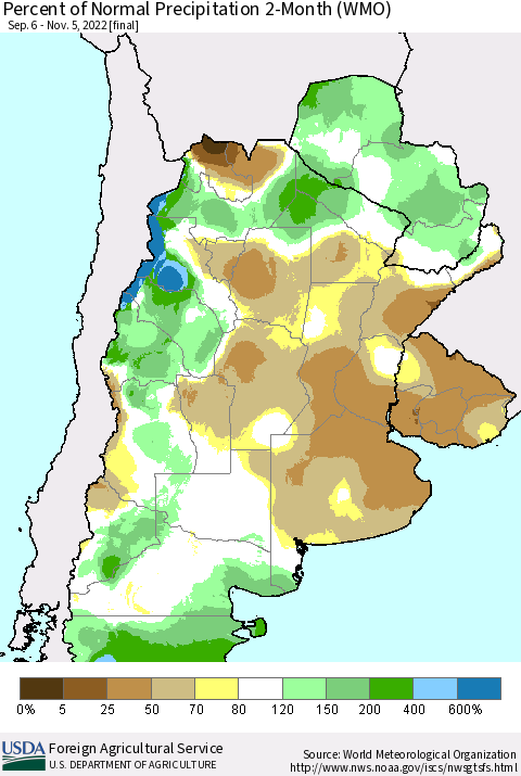 Southern South America Percent of Normal Precipitation 2-Month (WMO) Thematic Map For 9/6/2022 - 11/5/2022