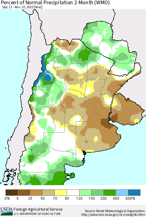 Southern South America Percent of Normal Precipitation 2-Month (WMO) Thematic Map For 9/11/2022 - 11/10/2022