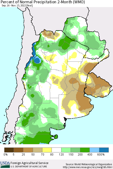Southern South America Percent of Normal Precipitation 2-Month (WMO) Thematic Map For 9/16/2022 - 11/15/2022
