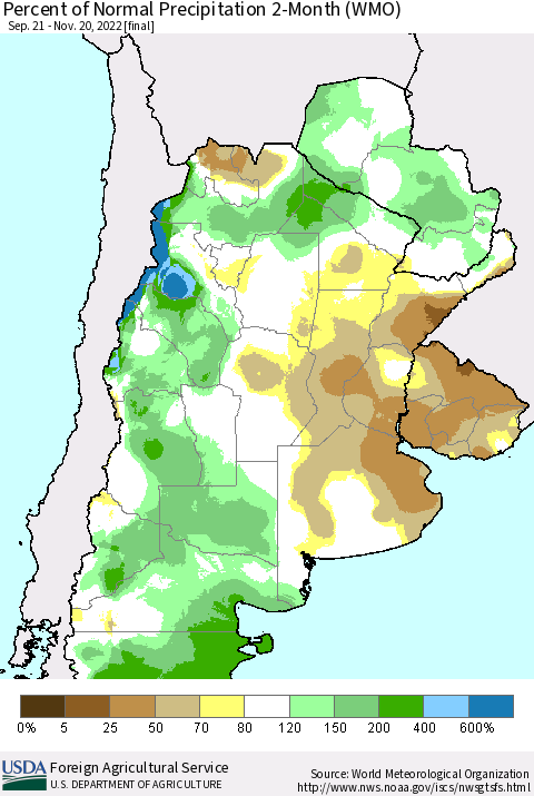 Southern South America Percent of Normal Precipitation 2-Month (WMO) Thematic Map For 9/21/2022 - 11/20/2022