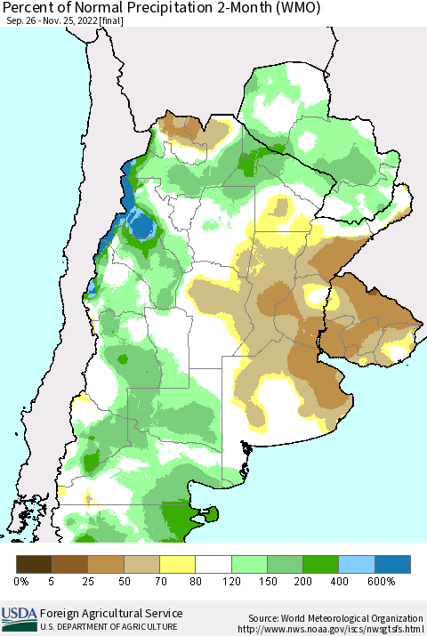 Southern South America Percent of Normal Precipitation 2-Month (WMO) Thematic Map For 9/26/2022 - 11/25/2022