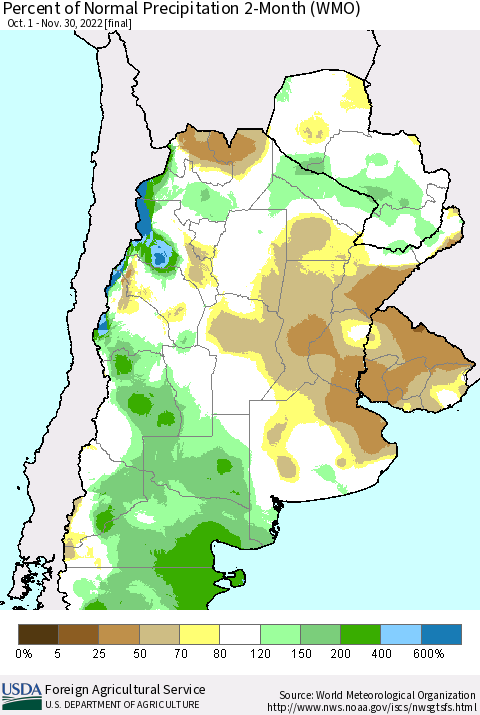 Southern South America Percent of Normal Precipitation 2-Month (WMO) Thematic Map For 10/1/2022 - 11/30/2022