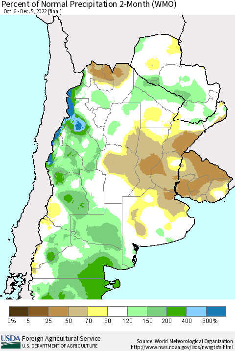 Southern South America Percent of Normal Precipitation 2-Month (WMO) Thematic Map For 10/6/2022 - 12/5/2022