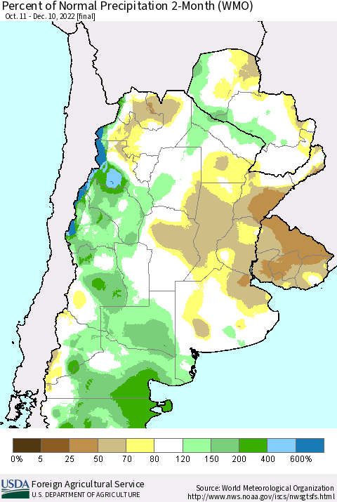 Southern South America Percent of Normal Precipitation 2-Month (WMO) Thematic Map For 10/11/2022 - 12/10/2022
