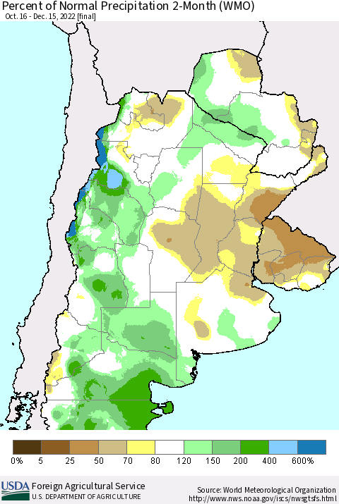Southern South America Percent of Normal Precipitation 2-Month (WMO) Thematic Map For 10/16/2022 - 12/15/2022