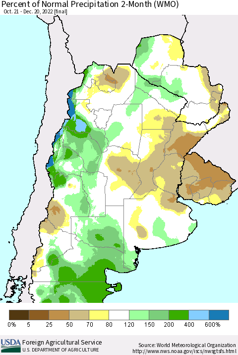 Southern South America Percent of Normal Precipitation 2-Month (WMO) Thematic Map For 10/21/2022 - 12/20/2022