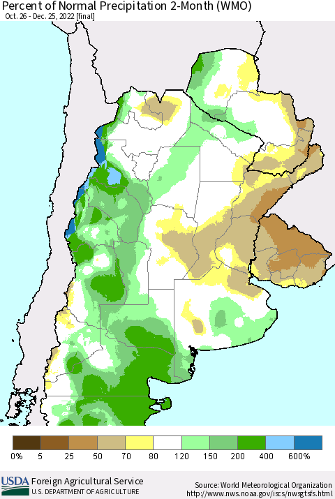 Southern South America Percent of Normal Precipitation 2-Month (WMO) Thematic Map For 10/26/2022 - 12/25/2022