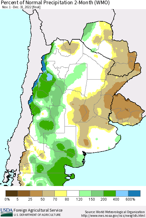 Southern South America Percent of Normal Precipitation 2-Month (WMO) Thematic Map For 11/1/2022 - 12/31/2022
