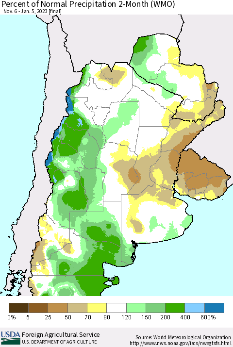 Southern South America Percent of Normal Precipitation 2-Month (WMO) Thematic Map For 11/6/2022 - 1/5/2023