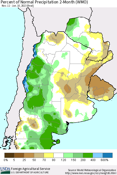 Southern South America Percent of Normal Precipitation 2-Month (WMO) Thematic Map For 11/11/2022 - 1/10/2023