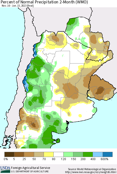 Southern South America Percent of Normal Precipitation 2-Month (WMO) Thematic Map For 11/16/2022 - 1/15/2023
