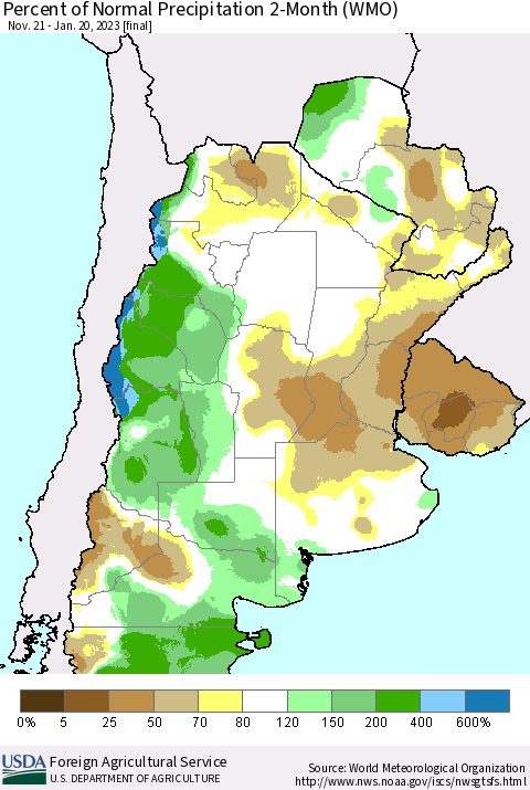 Southern South America Percent of Normal Precipitation 2-Month (WMO) Thematic Map For 11/21/2022 - 1/20/2023