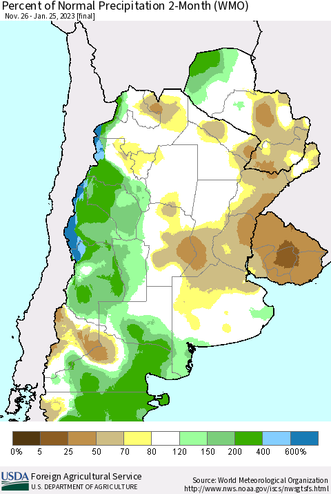 Southern South America Percent of Normal Precipitation 2-Month (WMO) Thematic Map For 11/26/2022 - 1/25/2023