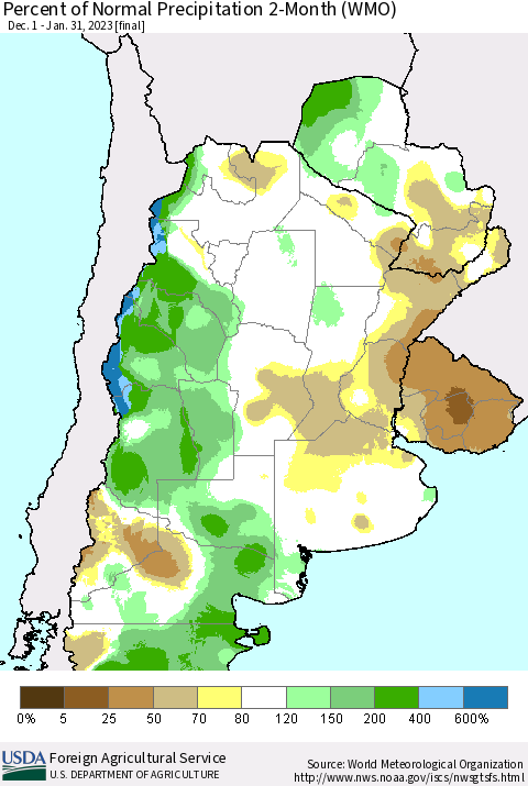 Southern South America Percent of Normal Precipitation 2-Month (WMO) Thematic Map For 12/1/2022 - 1/31/2023