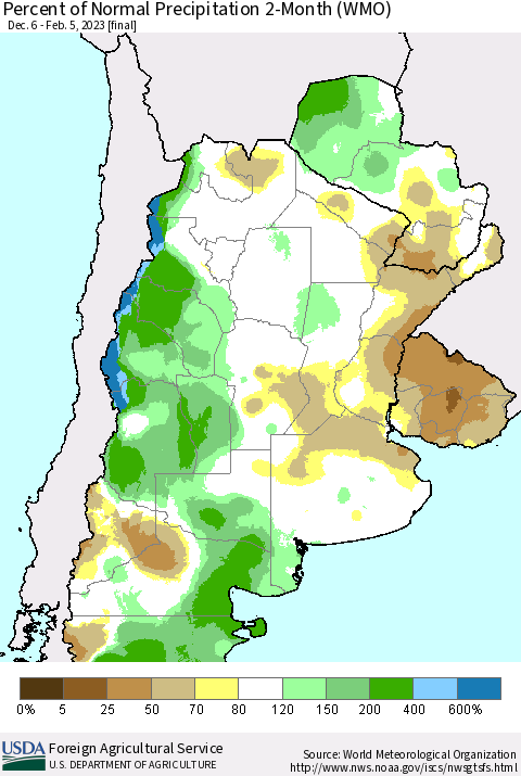 Southern South America Percent of Normal Precipitation 2-Month (WMO) Thematic Map For 12/6/2022 - 2/5/2023