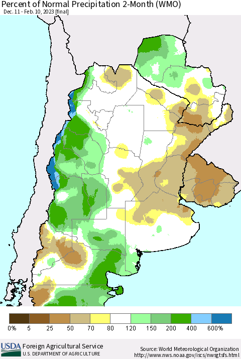 Southern South America Percent of Normal Precipitation 2-Month (WMO) Thematic Map For 12/11/2022 - 2/10/2023