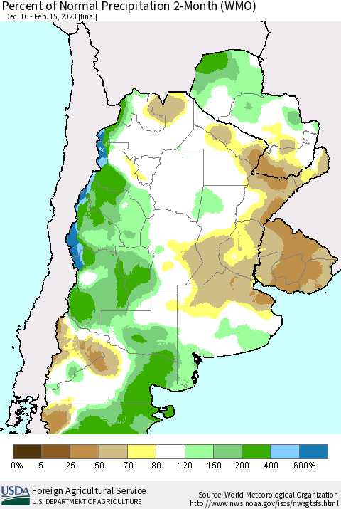 Southern South America Percent of Normal Precipitation 2-Month (WMO) Thematic Map For 12/16/2022 - 2/15/2023