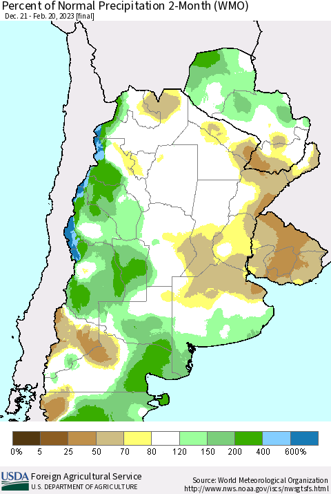 Southern South America Percent of Normal Precipitation 2-Month (WMO) Thematic Map For 12/21/2022 - 2/20/2023