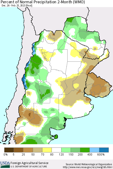 Southern South America Percent of Normal Precipitation 2-Month (WMO) Thematic Map For 12/26/2022 - 2/25/2023