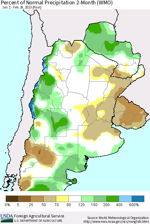 Southern South America Percent of Normal Precipitation 2-Month (WMO) Thematic Map For 1/1/2023 - 2/28/2023