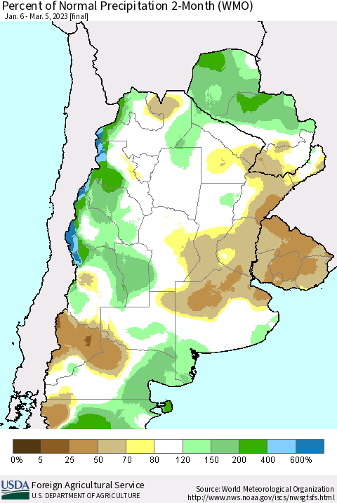 Southern South America Percent of Normal Precipitation 2-Month (WMO) Thematic Map For 1/6/2023 - 3/5/2023