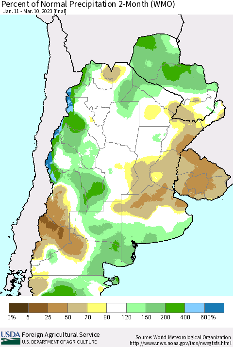 Southern South America Percent of Normal Precipitation 2-Month (WMO) Thematic Map For 1/11/2023 - 3/10/2023
