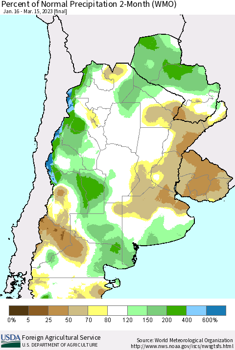 Southern South America Percent of Normal Precipitation 2-Month (WMO) Thematic Map For 1/16/2023 - 3/15/2023