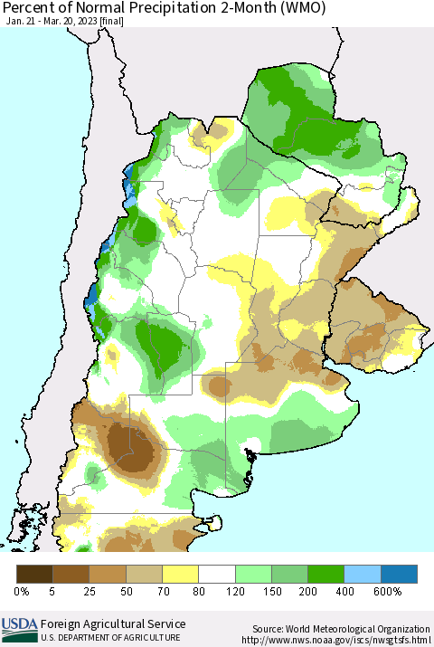 Southern South America Percent of Normal Precipitation 2-Month (WMO) Thematic Map For 1/21/2023 - 3/20/2023