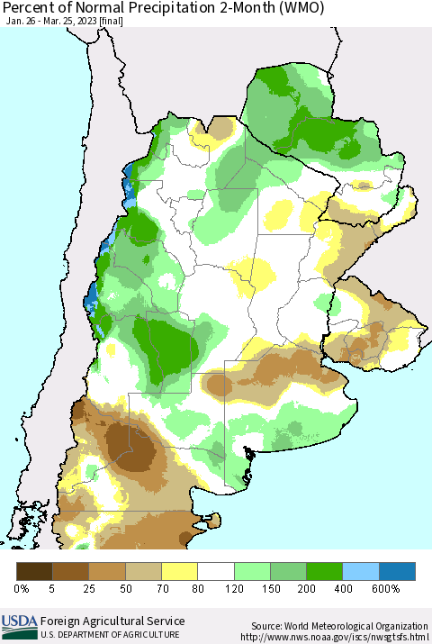 Southern South America Percent of Normal Precipitation 2-Month (WMO) Thematic Map For 1/26/2023 - 3/25/2023