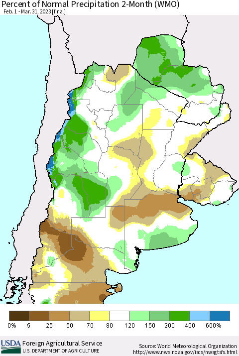 Southern South America Percent of Normal Precipitation 2-Month (WMO) Thematic Map For 2/1/2023 - 3/31/2023