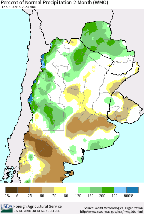 Southern South America Percent of Normal Precipitation 2-Month (WMO) Thematic Map For 2/6/2023 - 4/5/2023