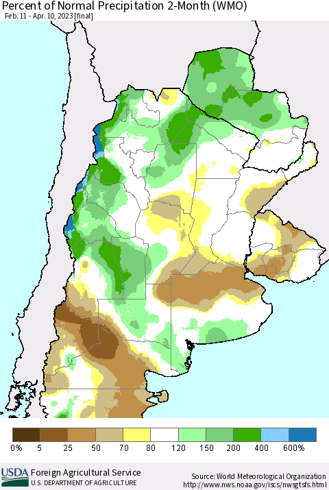 Southern South America Percent of Normal Precipitation 2-Month (WMO) Thematic Map For 2/11/2023 - 4/10/2023