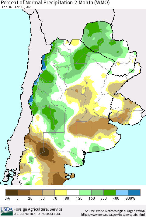 Southern South America Percent of Normal Precipitation 2-Month (WMO) Thematic Map For 2/16/2023 - 4/15/2023