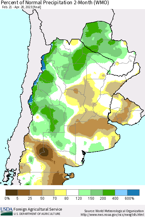 Southern South America Percent of Normal Precipitation 2-Month (WMO) Thematic Map For 2/21/2023 - 4/20/2023