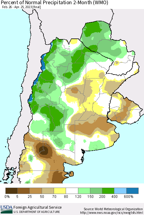 Southern South America Percent of Normal Precipitation 2-Month (WMO) Thematic Map For 2/26/2023 - 4/25/2023