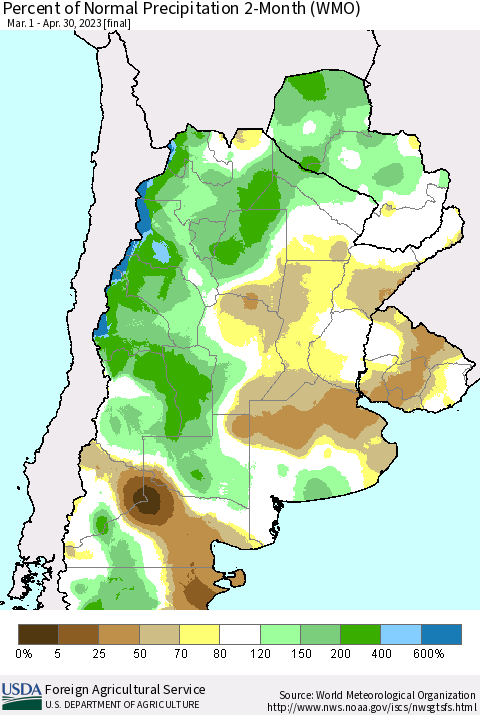 Southern South America Percent of Normal Precipitation 2-Month (WMO) Thematic Map For 3/1/2023 - 4/30/2023