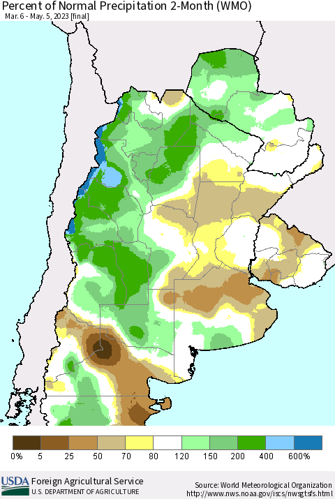 Southern South America Percent of Normal Precipitation 2-Month (WMO) Thematic Map For 3/6/2023 - 5/5/2023