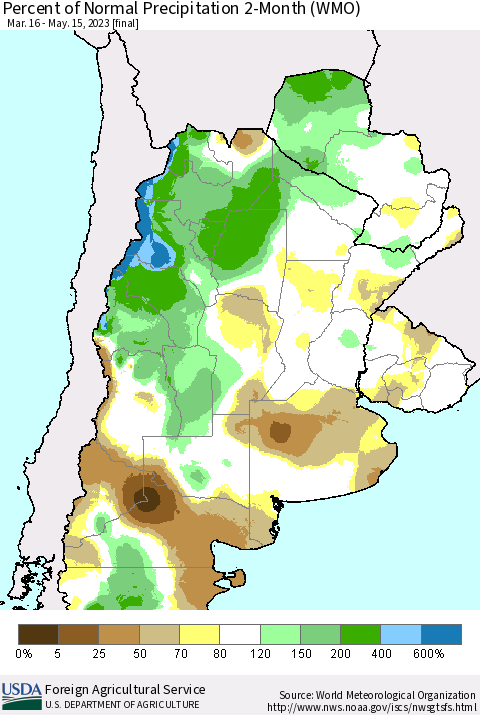 Southern South America Percent of Normal Precipitation 2-Month (WMO) Thematic Map For 3/16/2023 - 5/15/2023